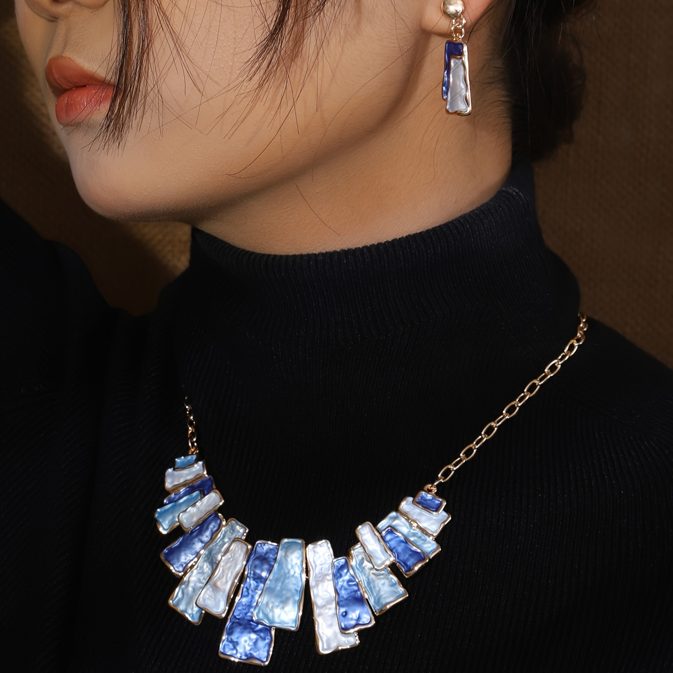 Geometric Japanese Earrings & Khaki Necklace Set